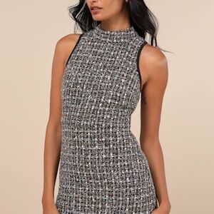 Lulus Glittery Poise Black Multi Tweed Sleeveless Mini Dress - Size L